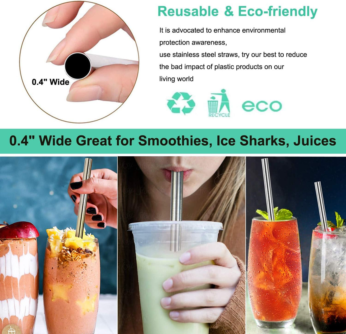 Vinaco 4 Pack 0.4" Wide Bore Reusable Stainless Steel Metal Smoothie Straws
