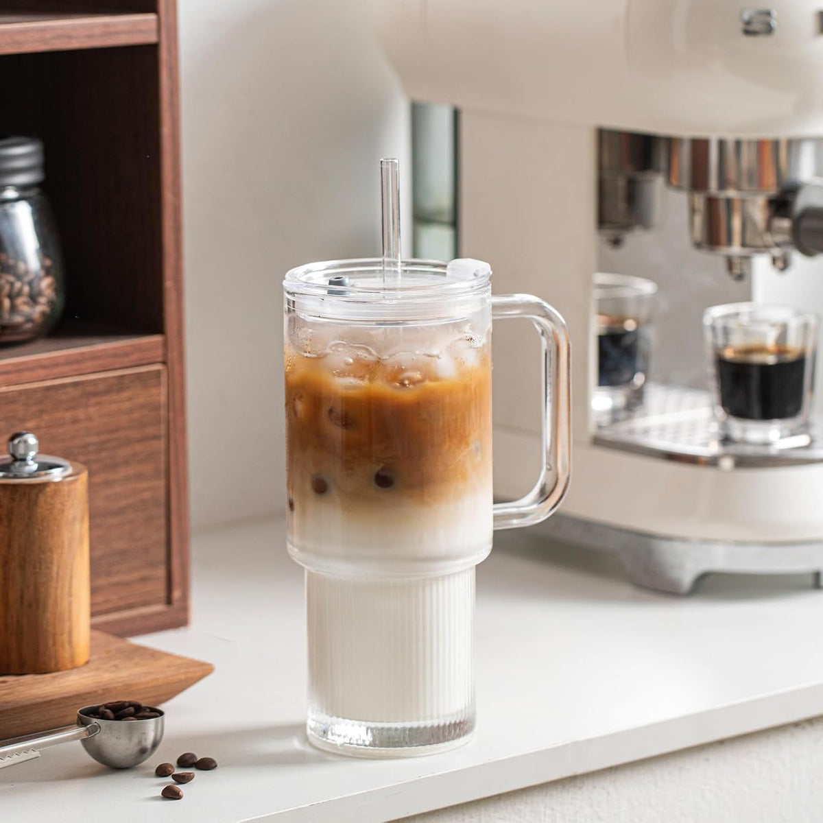 INSETLAN 24oz Glass Tumbler with Handle &amp; Lid – 2-Pack Large Iced Coffee Cups with Straws, Modern Glass Mug for Cold &amp; Hot Beverages, Aesthetic Glass Cups for Smoothies, Tea, and Juice