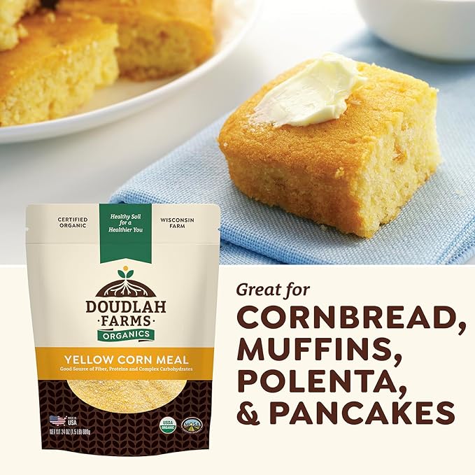 Organic Yellow Cornmeal 1.5 lb Fine Grind - Non-GMO, Gluten-Free, Sugar-Free, Farmed From Regenerative Soil, Vegan, Grown In USA, For Baking Cornbread, Muffins, Pancakes, and More by Doudlah Farms