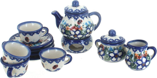 Blue Rose Polish Pottery - Blue Scarlett Miniature Tea Set - 1 Set - Polish Pottery Collectible Tea Set with Teapot & Cups,