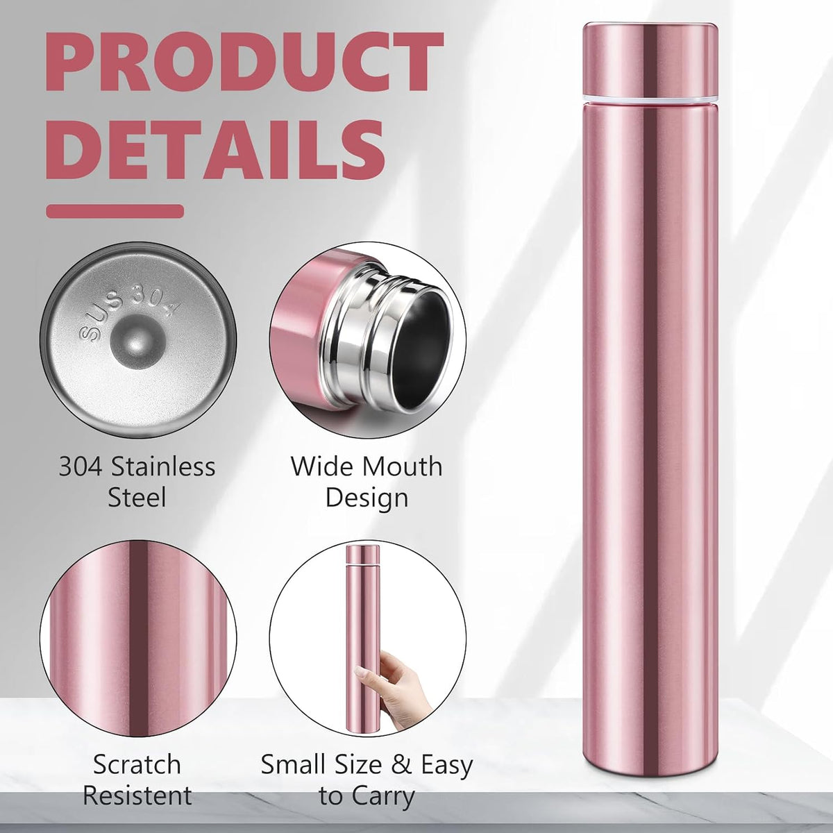 Vesici 1 Pack Rose Gold Slim Stainless Steel Water Bottle 8.8 oz