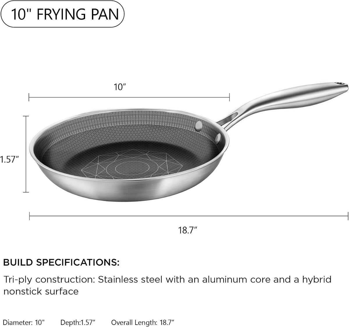 COOKING KING 10-Inch Stainless Steel Pan, Hybrid Nonstick Frying Pan, Skillet, 3-Ply Clad Cookware, Even Heat Distribution, Dishwasher & Oven Safe, with Stay-Cool Handle, Induction Compatible