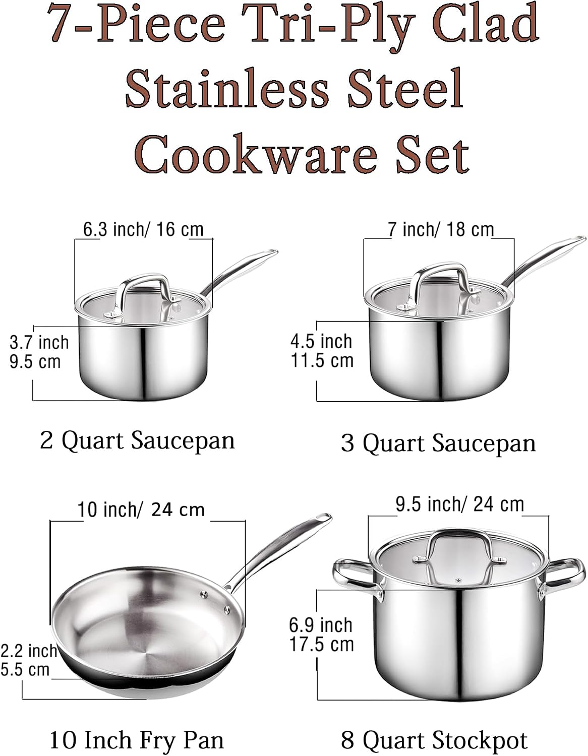 Cook N Home 7-Piece Tri-Ply Clad Stainless Steel Cookware Pots & Pans Set | Fully Clad Stockpot & Saucepan with Lids, Fr
