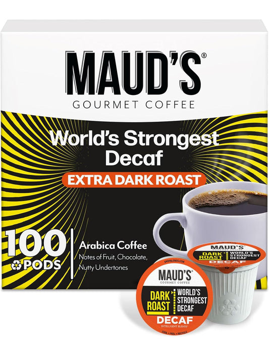 Maud's World's Strongest Decaf Coffee Pods, 100 ct, Decaffeinated Dark Roast Coffee in Recyclable Single Serve Pods – 100%