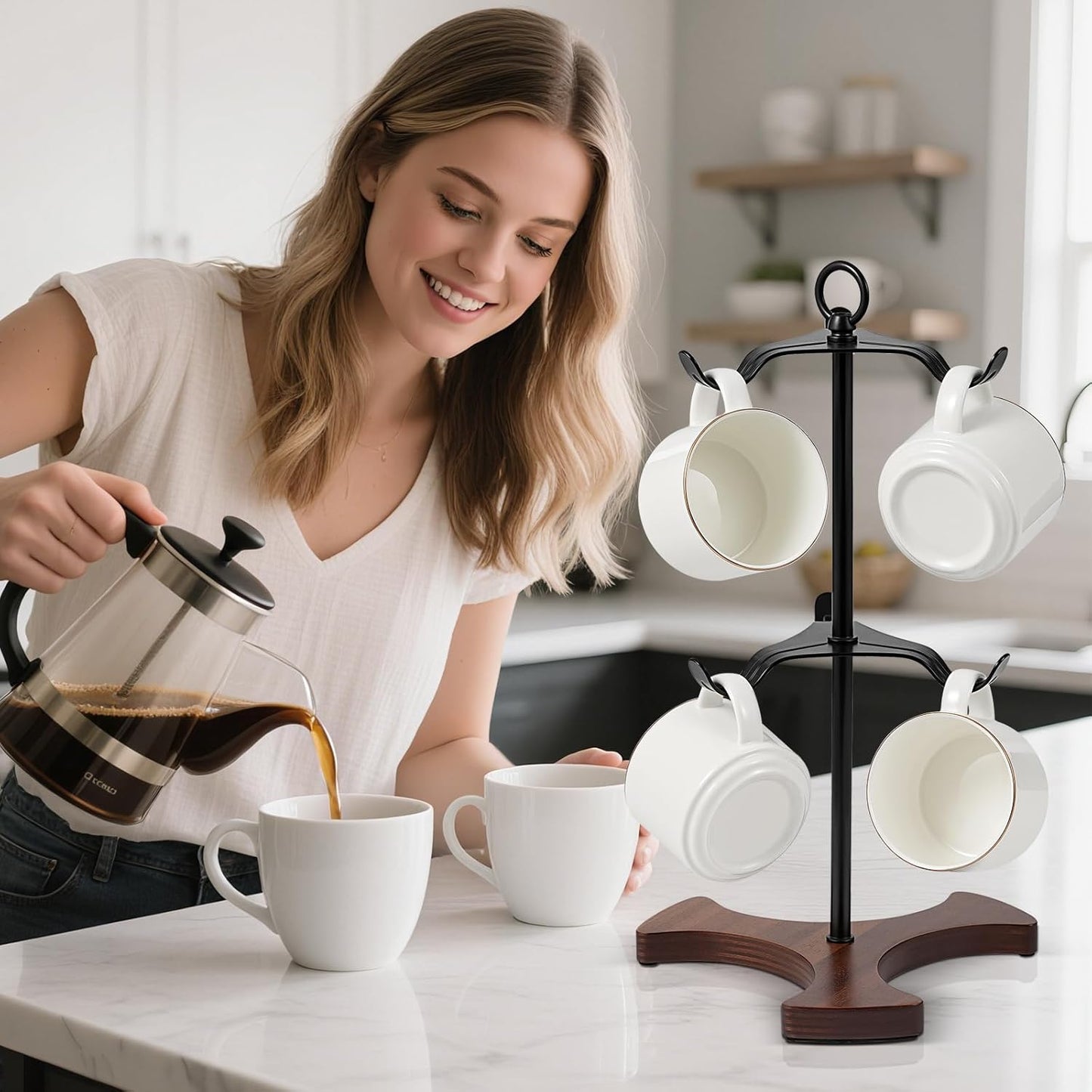 Mug Tree Y-Shaped, Coffee Mug Holder with Angled - Out Iron Hooks (No More Squeezing!), Solid Wood Base & Sturdy Iron Coffee