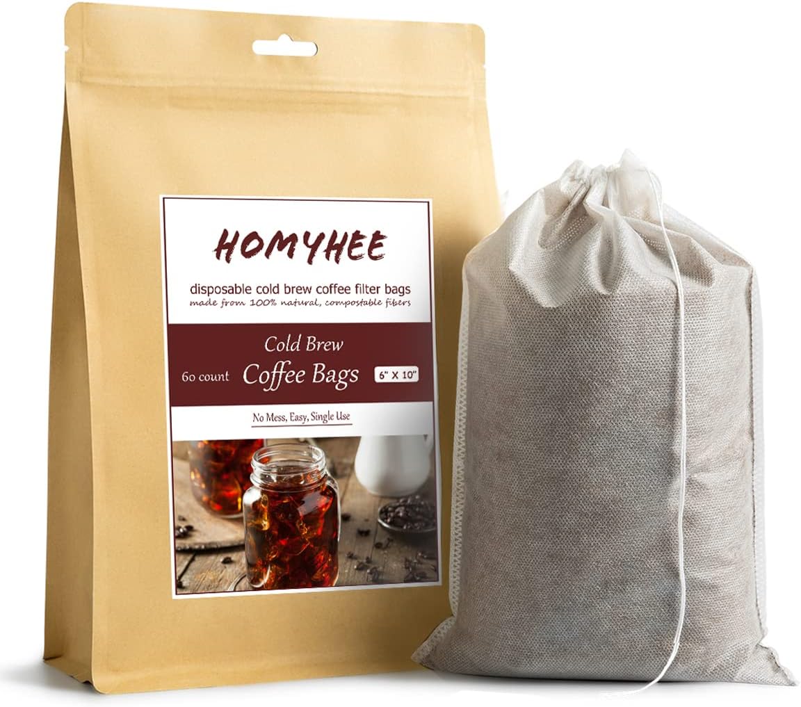 Cold Brew Coffee Bags 60 Count Disposable Fine Mesh Brewing Bags for Concentrate/Iced Coffee Maker, French/Cold Press Kit, Hot Tea in Mason Jar or Pitcher, 6 x 10 Inches