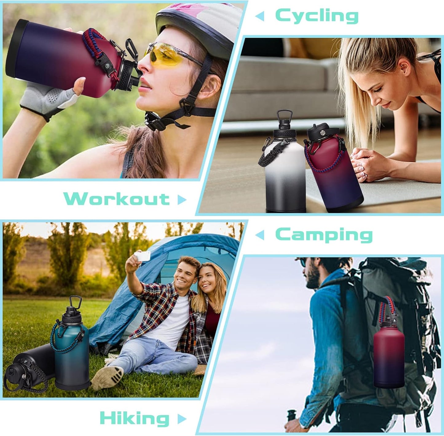 64OZ Vacuum Insulated Water Bottle - Keep Hot Cold Vacuum Flasks with Straw &amp; Spout Lids, Paracord Handle, Water Bottler Carrier Holder &amp; Protective Cup Mat, 1.8L Stainless Steel Water Jug