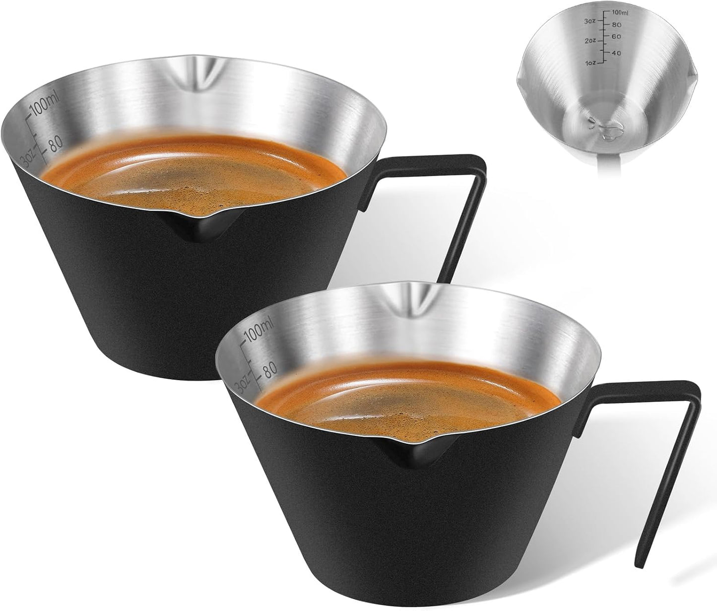 2 Pc Stainless Steel Espresso Shot Cups, 3.4oz/100ml, Black | Double Spout Measuring Cups with Handle, V-Shaped Mouth, Ideal for Espresso Brewing and Coffee Making