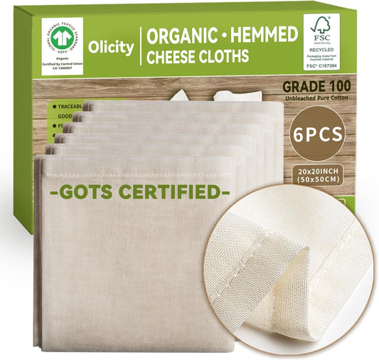 Organic Cheese Cloths, GOTS Certified, 6PCS, Grade 100, 20x20Inch Hemmed Cheese Cloth Fabric Reusable Fine Mesh Cloth, 100%