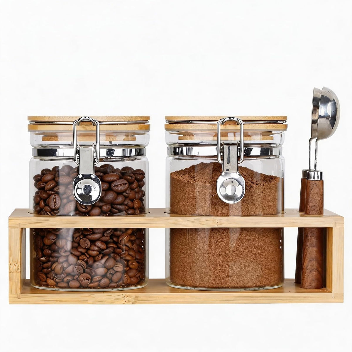 KKC Airtight Coffee Canister Set of 2 with Scoops &amp; Bamboo Lids | 27oz Glass Coffee Jar for Ground Coffee &amp; Beans | Clear Storage Container for Kitchen &amp; Coffee Bar Accessories, Keeps Coffee Fresh