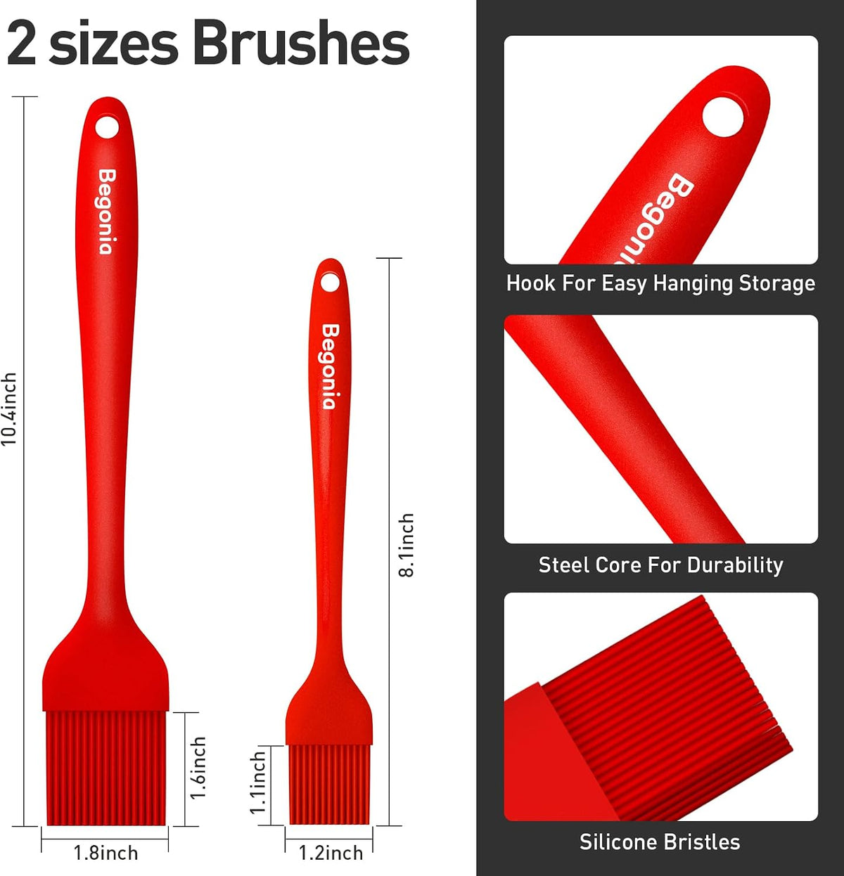 Begonia Silicone Basting Pastry Brush,2pcs 10+8 inch BBQ Sauce Brush,Red | Heat-Resistant, For Cooking, Baking, Grilling, Spreading Oil or Butter, Dishwasher-Safe
