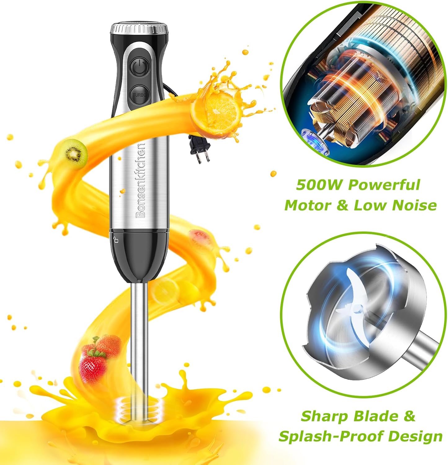Bonsenkitchen Immersion Blender with Food Processor, 20 Speeds &amp; Turbo Mode | 4-in-1 Emulsion Hand Blender, Egg Whisk, 24 oz Beaker &amp; Chopper Bowl, Portable Hand Mixer for Smoothie, Soup, Baby Food