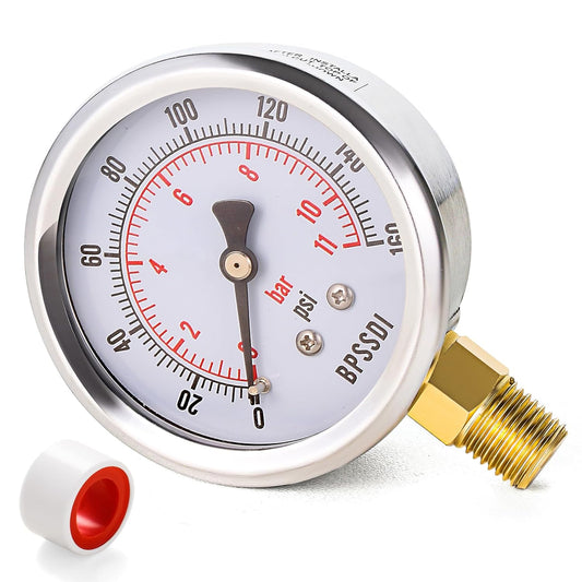 0-160 Psi Pressure Gauge, 2.5" Dial Size, 1/4" NPT Lower Mount, 304 Stainless Steel Case, Water Pressure Gauge Test for