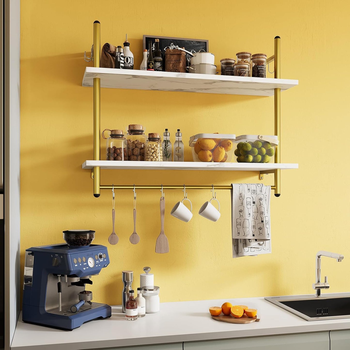 Bestier Floating Shelving 31" Kitchen Wall - Mounted Shelf with Towel Bar Hooks Coffee Bar Shelf Wine Hanging Display Rack Bookshelf Living Room Decor Bathroom - White Marble