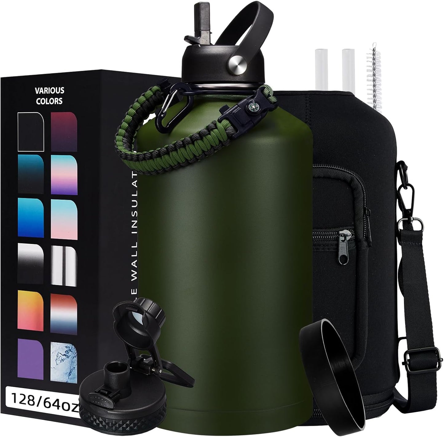128 OZ Insulated Water-Bottles with Strap - 1 Gallon Water Jug with Straw & Spout Lid, Stainless Ste