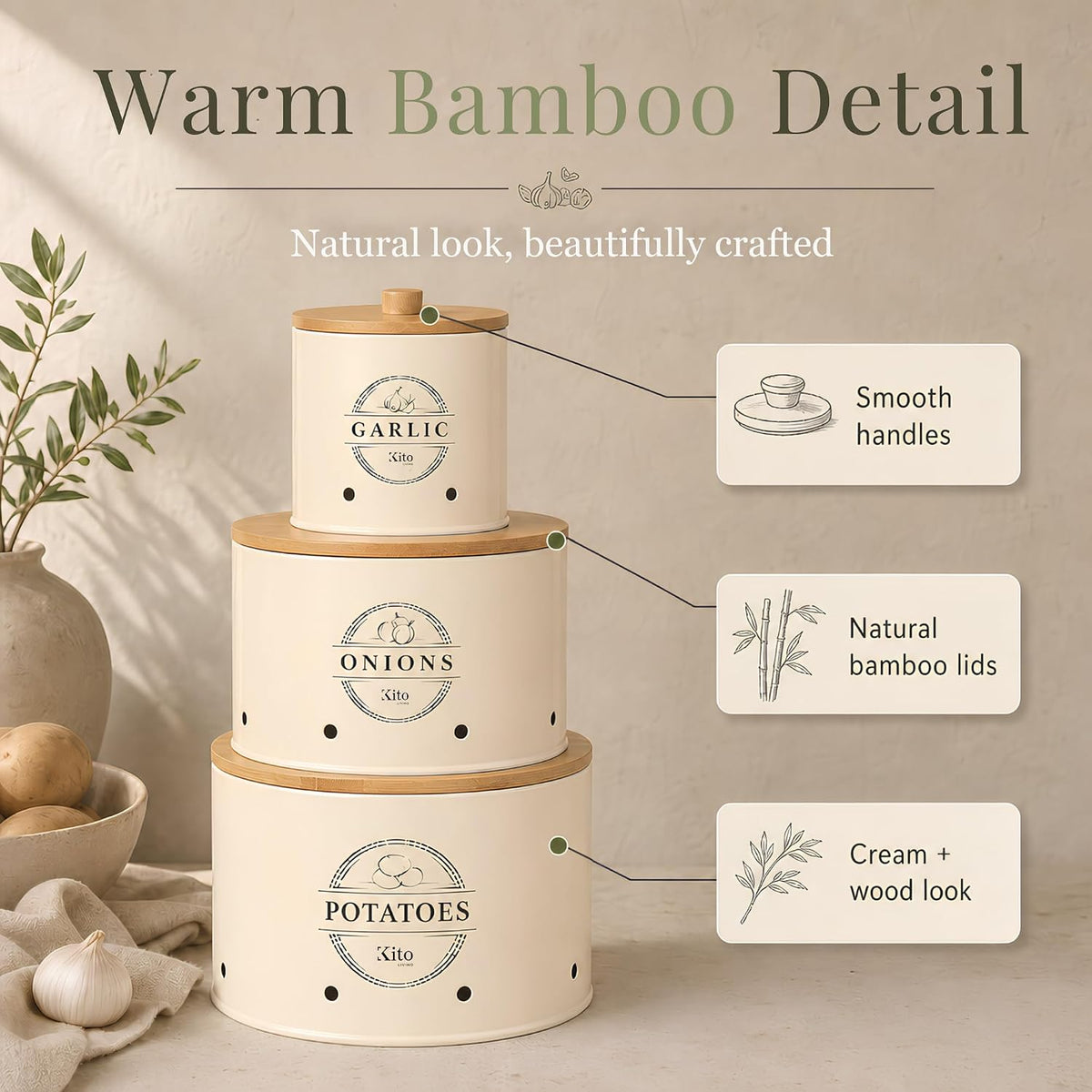Canister Sets for Kitchen Counter with Wooden Bamboo Lids, Kitchen Canisters for Countertop, Stackable Steel Farmhouse Canisters for Potato Storage, Onion and Potato Storage Bins - White
