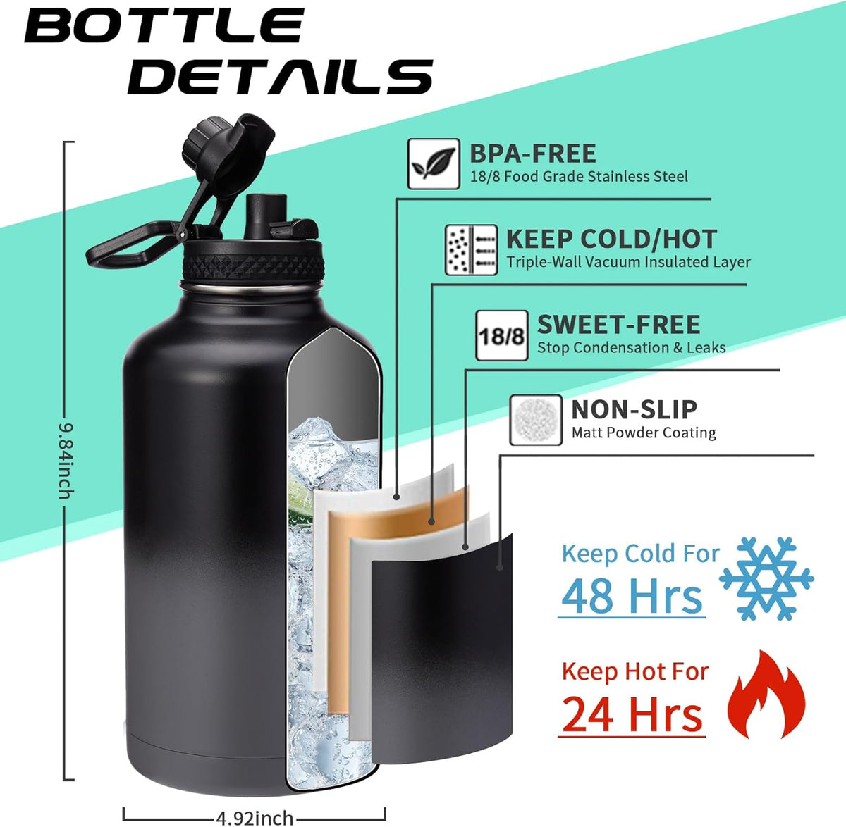 Half Gallon Insulated Water Bottle - with Straw &amp; Spout Lid, Paracord Handle &amp; Carrier Bag, Protective Cup Mat, 64oz Vacuum Stainless Steel Water Bottle, Metal Vacuum Flasks Keep Cold 48h Hot 24h
