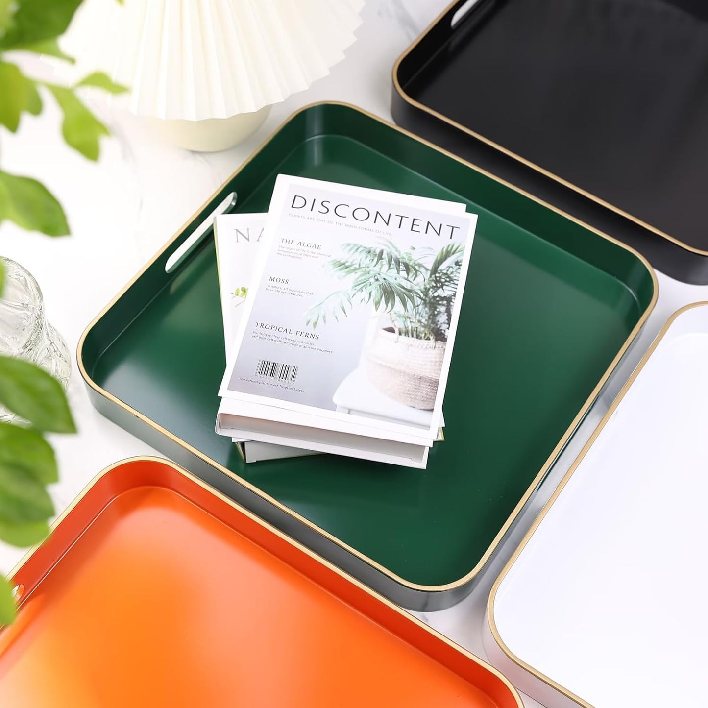 Orange Square Decorative Tray with Handles, 13"*13" Versatile Serving Tray for Coffee Table, Ottoman, Ideal for Serving, Displaying, Organizing