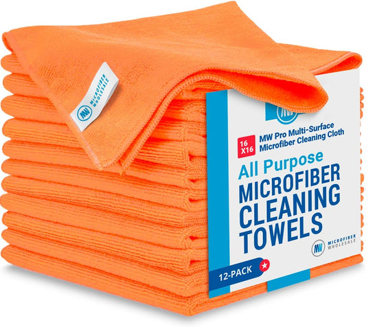 MW Pro Microfiber Cleaning Cloth | Orange | 12 Pack | 16” x 16” | All Purpose Microfiber Towels - Clean, Dust, Polish,