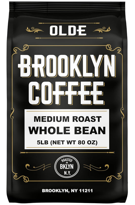 BROOKLYN COFFEE Whole Bean, Classic Medium Roast (5lb) Balanced, Smooth, Mellow - Fresh Bulk Coffee Beans Roasted Weekly in