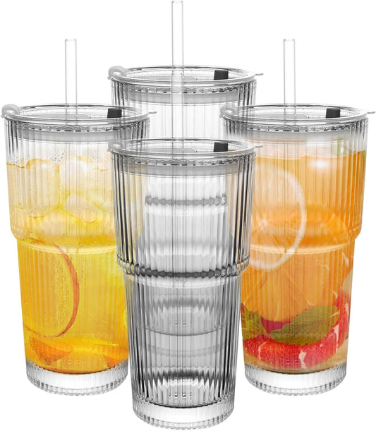 20oz Ribbed Drinking Glasses with Lids and Glass Straws-Thickened Glass cup -Vintage glass straw cups- Ideal for Iced