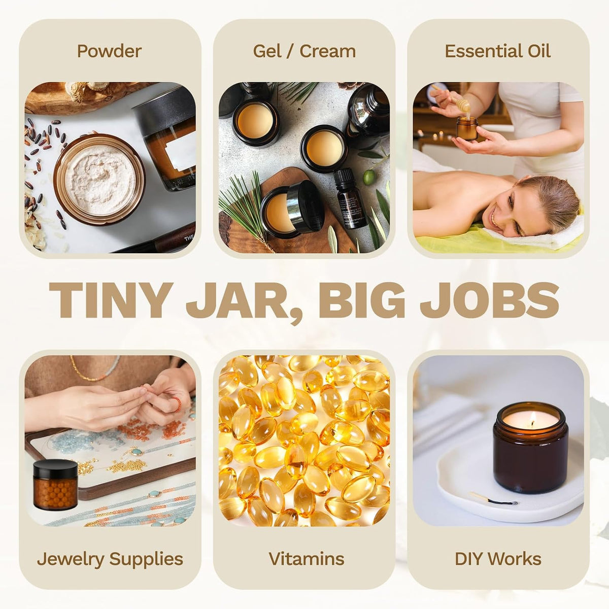 Bumobum 70 Pack 2 oz Amber Glass Jars with Lids, Small Cosmetic Container