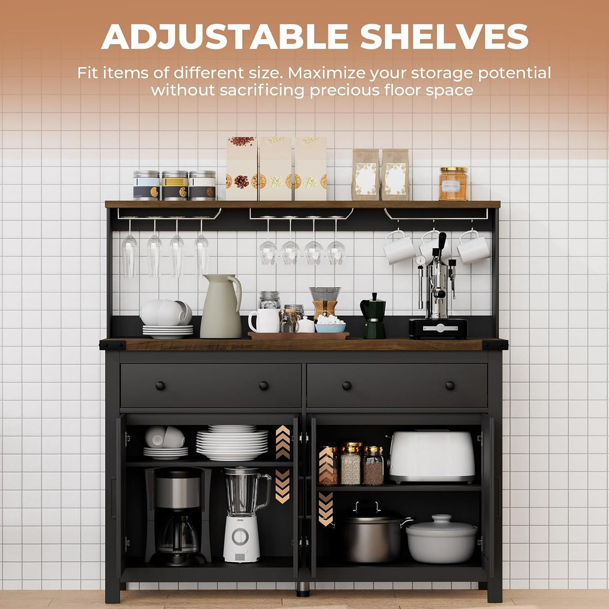 VVFLU Hutch Storage Cabinet Buffet with Drawers, and Charging Station, Coffee Bar Cabinet with Barn Doors, Wine Rack and Hooks, Countertop, Long Farmhouse, Black, for Kitchen, Dining Room, 54.1" High