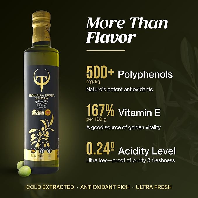 Tierras de Tavara Selection | Ultra High Polyphenol Extra Virgin Olive Oil, First Cold Pressed Spanish EVOO with Multi-Awarded PDO, Single Source, Family Owned | 17 Fl Oz, 500 ml Glass Bottle