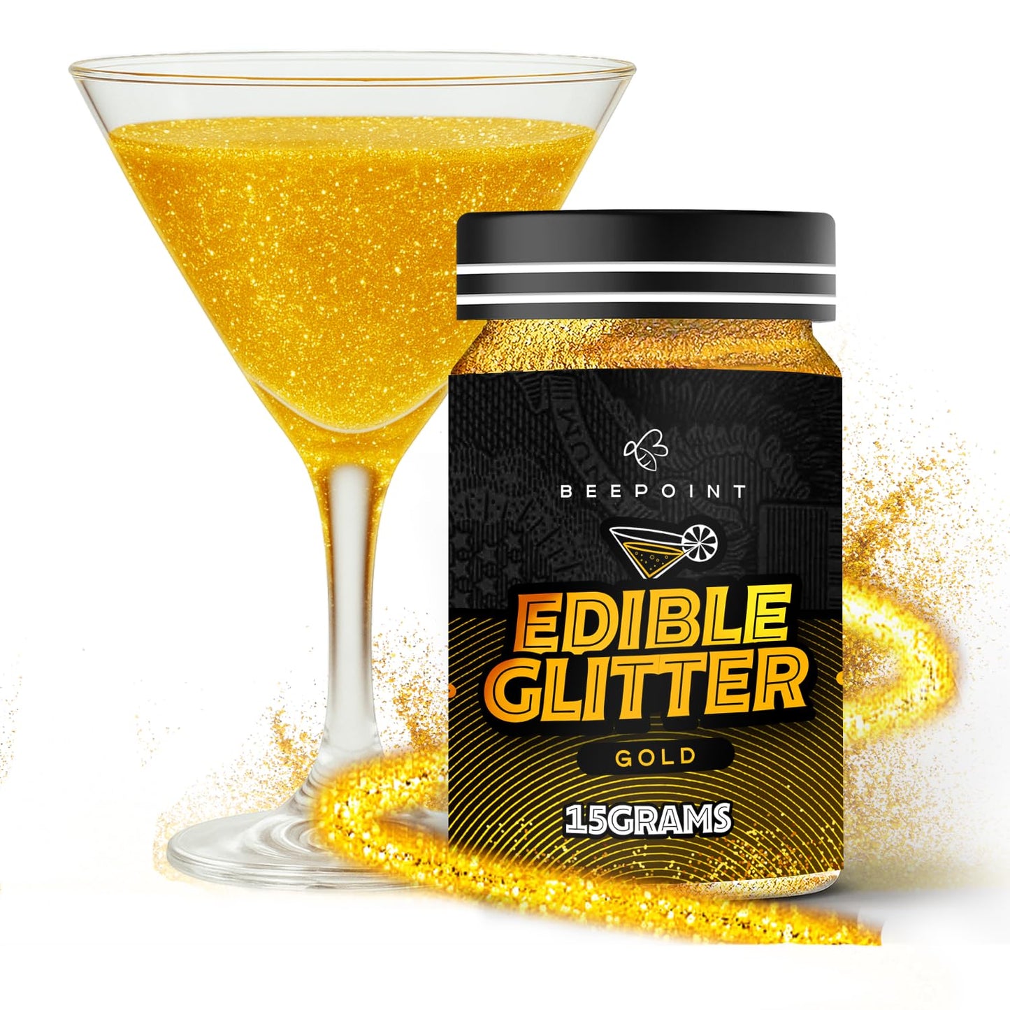BeePoint Gold Edible Glitter for Drinks 15g - Food Grade, Vibrant Color Shimmer Powdered Dust for Dr