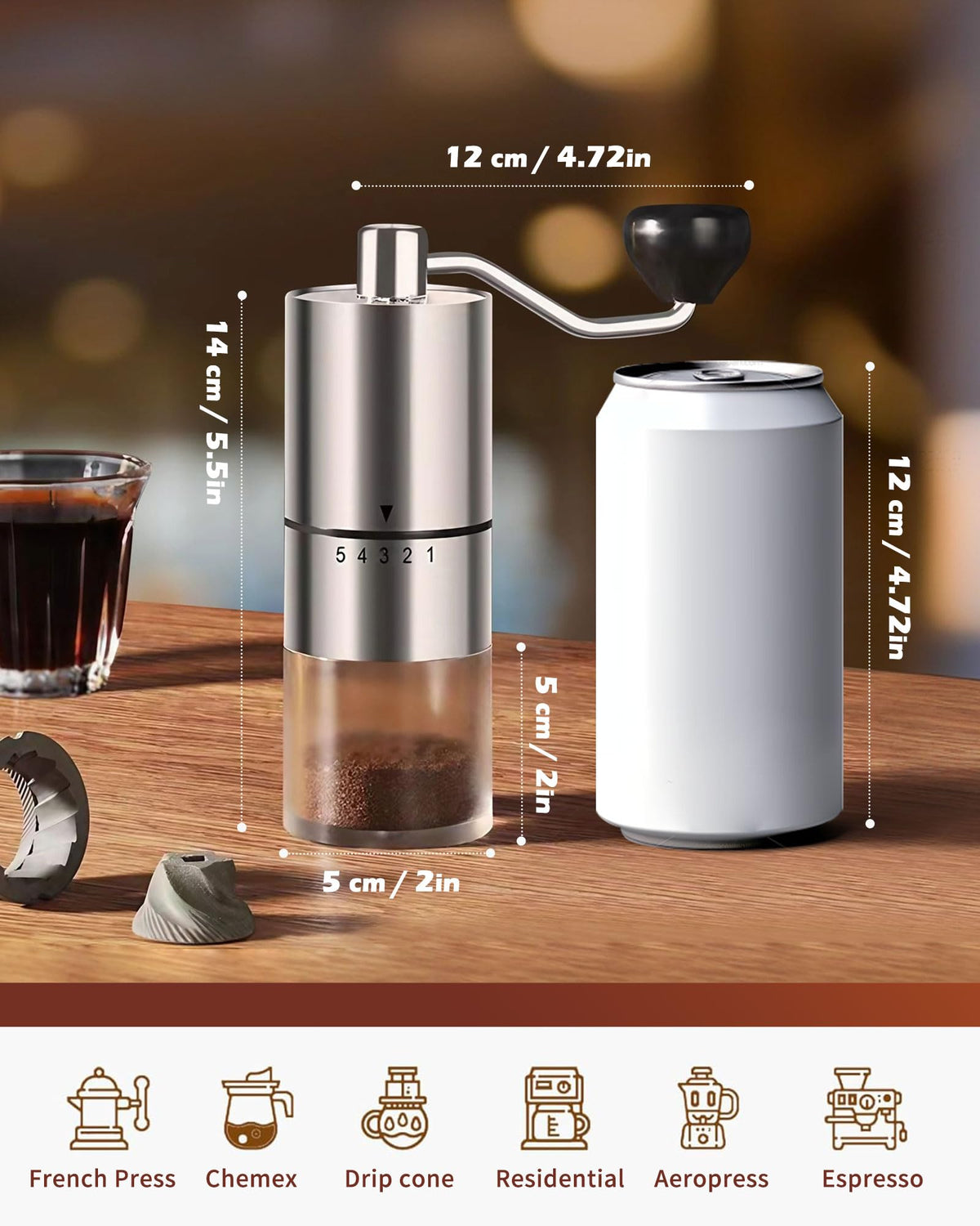 Rsoilch Manual Coffee Grinder With Ceramics Burr For Espresso,French Press,5 Adjustable Settings,Hand Maker with Built-I