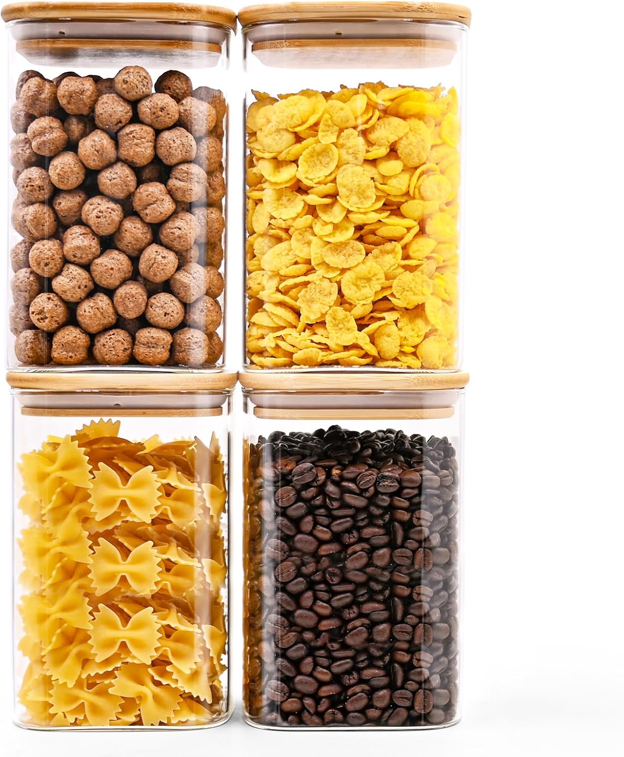 Glass Food Storage Jars Square 37oz, 4 Pack Glass Jars With Bamboo Lids, Kitchen Storage Containers 
