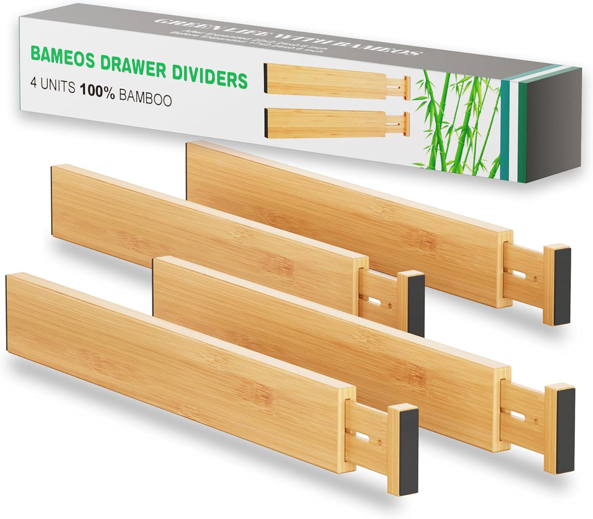 BAMEOS Bamboo Expandable Drawer Dividers – Fits 16.6"–22" Drawers, 2" High, Set of 4 | Spring-Loaded Bamboo Separator for Kitchen Island, Bathroom Vanity &amp; Dresser Drawers