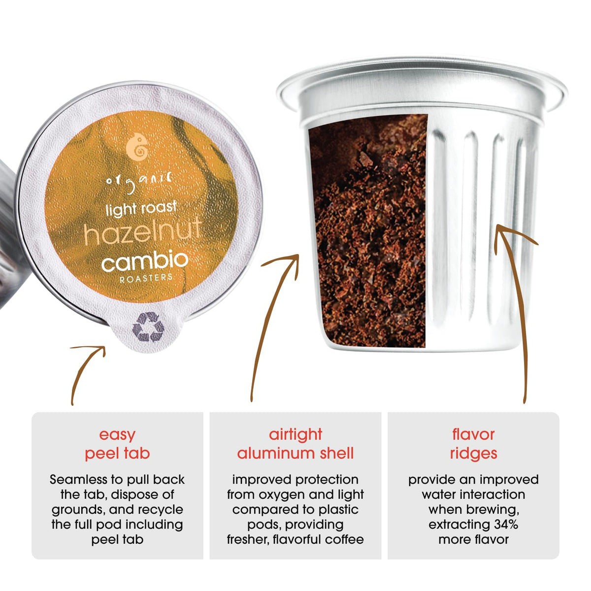 Cambio Roasters Hazelnut Coffee Pods - Recyclable Aluminum Pods, 10ct | Hazelnut Light Roast Organic Coffee in Recyclable Aluminum Coffee Pods. Compatible with Keurig® Brewers.