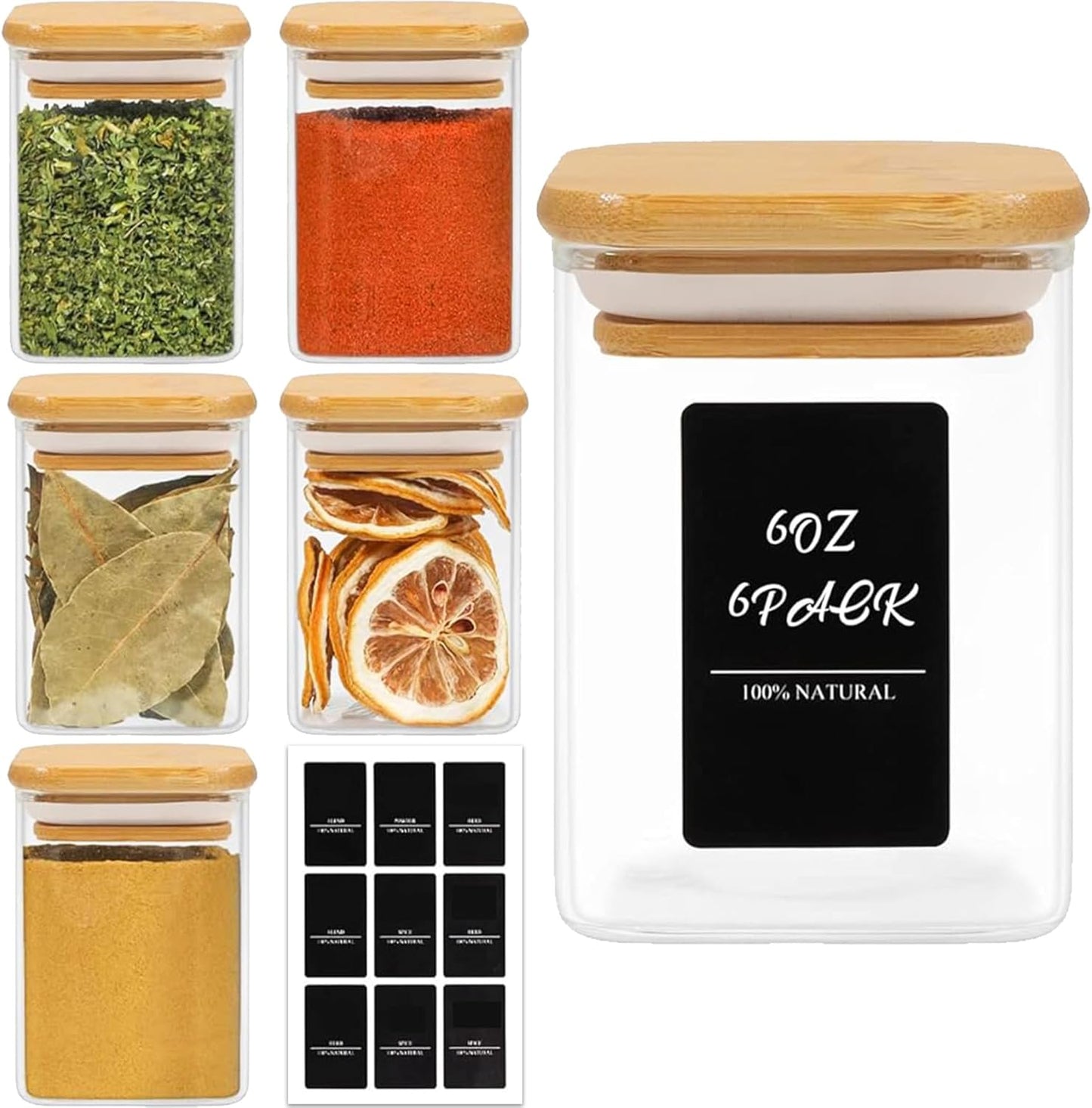 ComSaf 6Pcs 6 oz Spice Jars with Label Trial Set, Glass Spice Jars with Bamboo Lids Supplementary Se