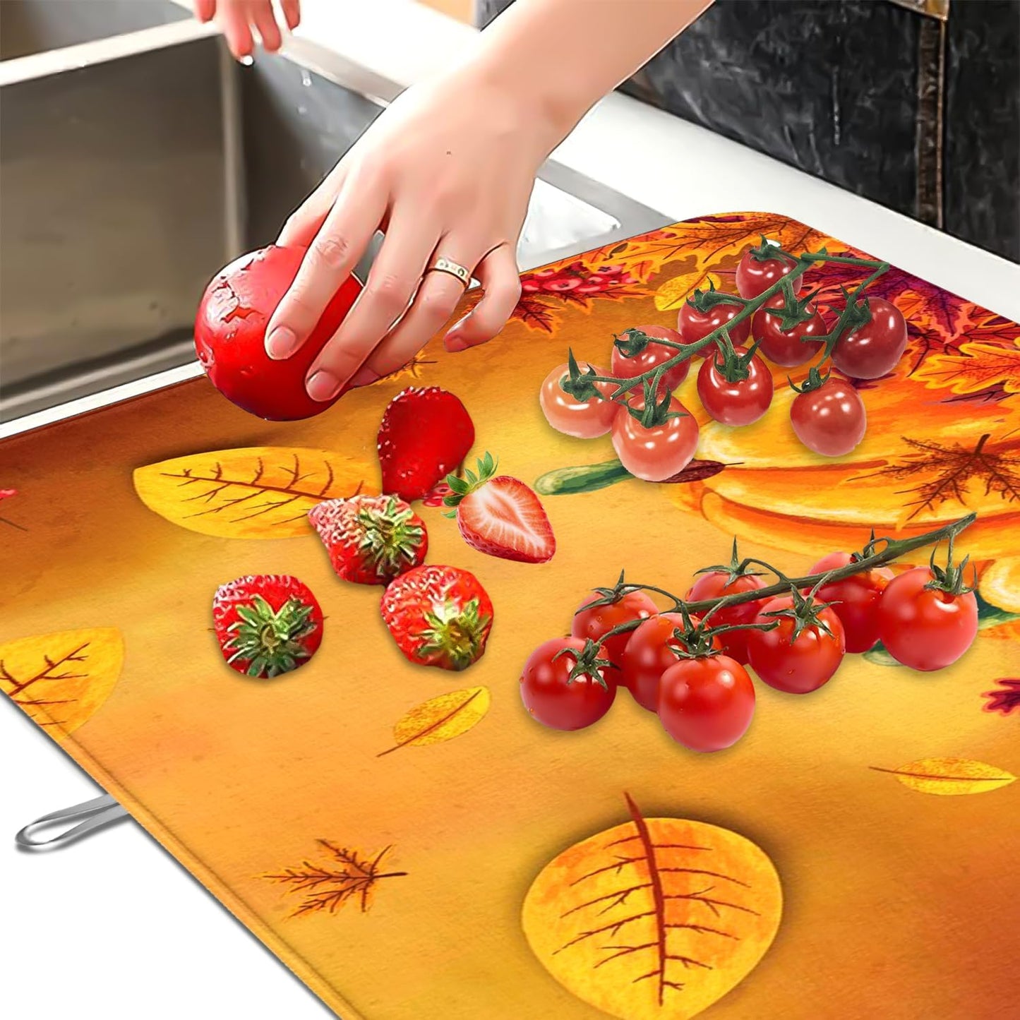 Harvest Pumpkin Maple Leaf Dish Drying Mat for Kitchen Counter, Absorbent Drying Mat with Autumn Fall Leaves, Kitchen Countertop Protector, Farmhouse Coffee Bar Decor, 18 x 24 Inch