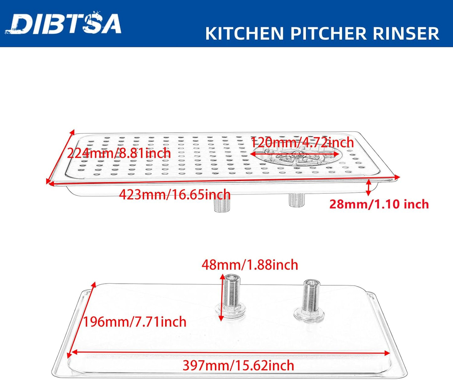 DIBTSA Glass Rinser, Stainless Steel Espresso Cup Pitcher Rinser Sink with Spray,Drain and Drip Tray, Silver Middle Size 16.65 x 8.81 x 1.1 inches
