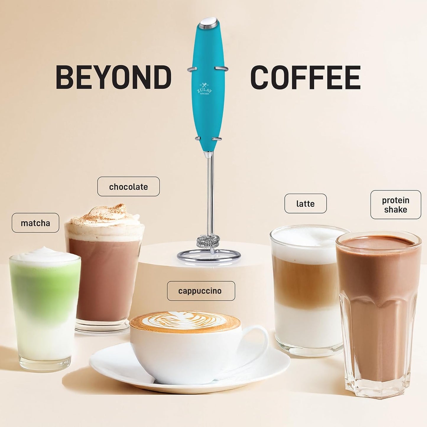 Zulay Double Whisk Milk Frother Handheld Mixer - High Powered Frother For Coffee With Improved Motor - Electric Whisk Drink Mixer For Cappuccino, Frappe, Matcha & More, Twin Whisk - Teal
