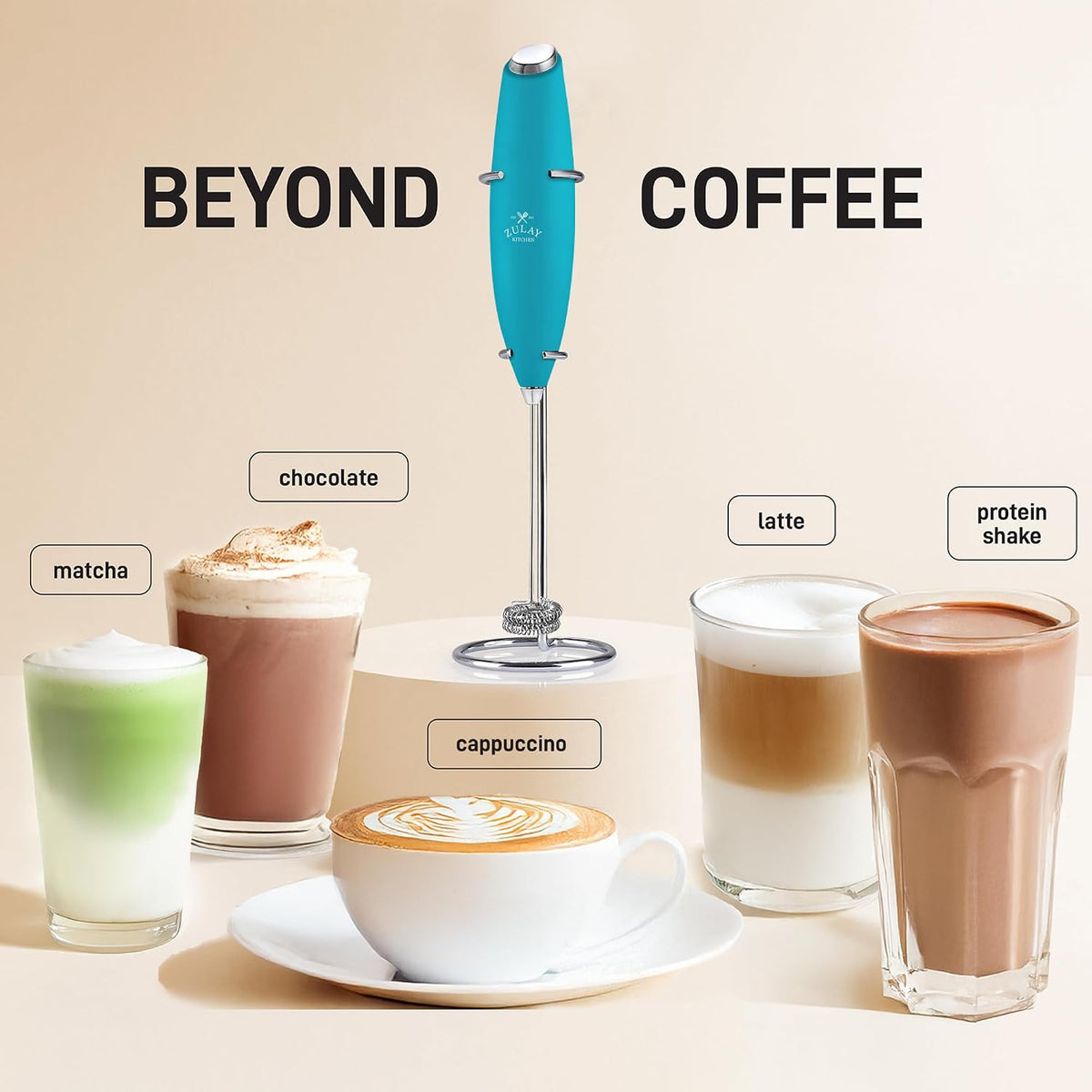 Zulay Powerful Milk Frother for Coffee with Upgraded Titanium Motor - Handheld Electric Whisk, Milk Foamer, Mini Mixer &amp; Coffee Blender for Frappe, Latte, Matcha, No Stand - Ocean Blue