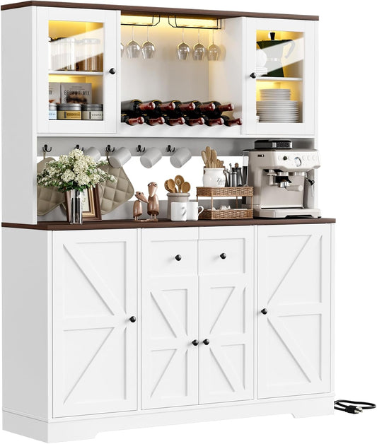 68" Tall Kitchen Pantry Storage Cabinet with Charging Station, 55" Wide Kitchen Hutch Cabinet with Large Countertop,