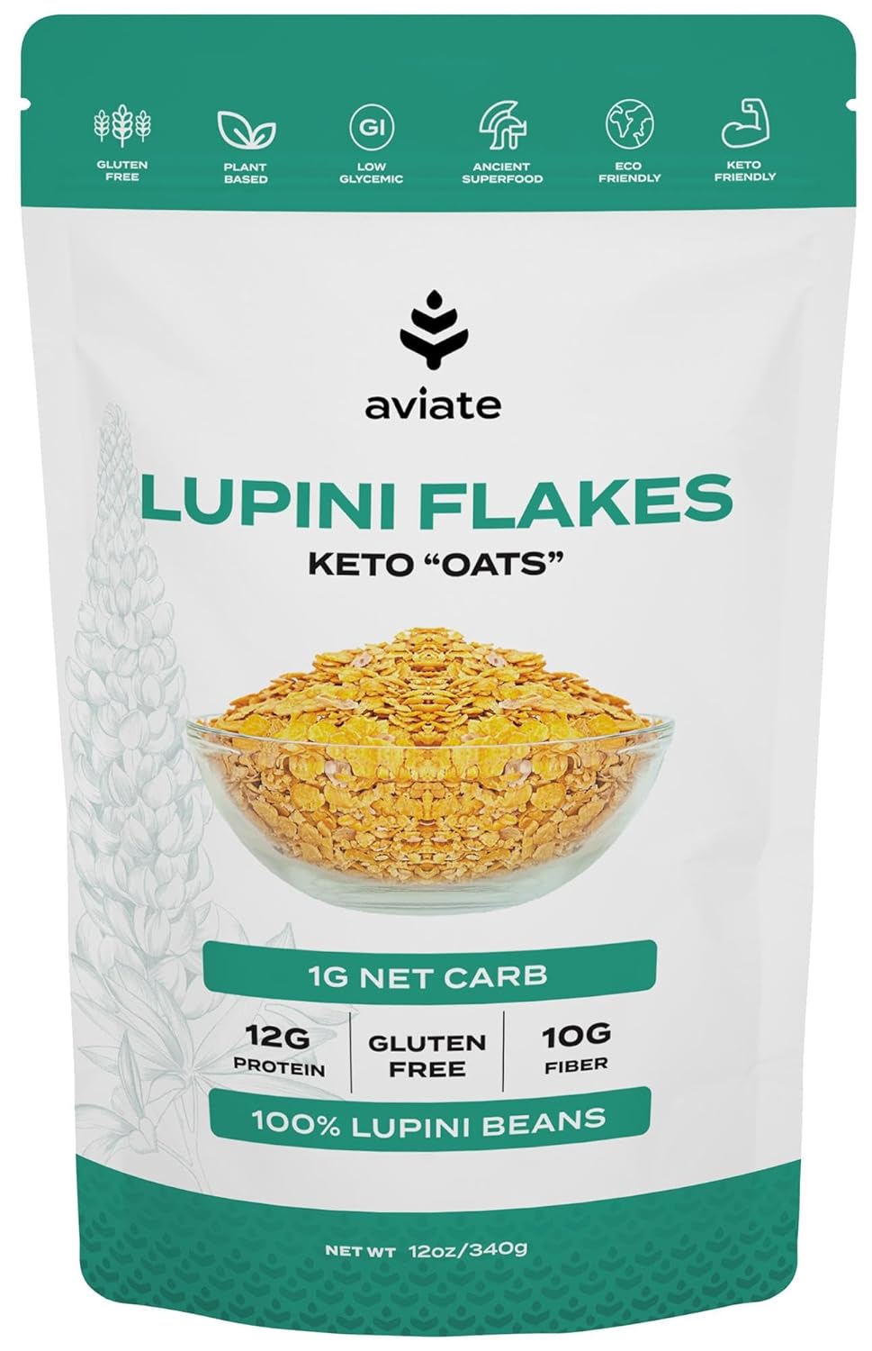 Aviate Lupini FLAKES - Keto "Oats" &amp; Vegan Friendly Superfood - Non-GMO, Gluten Free - High Protein - Low Calorie &amp; Low Carb - Rich in Dietary Fiber and Minerals - 100% Lupin Beans - 12 Ounces (Pack of 1)