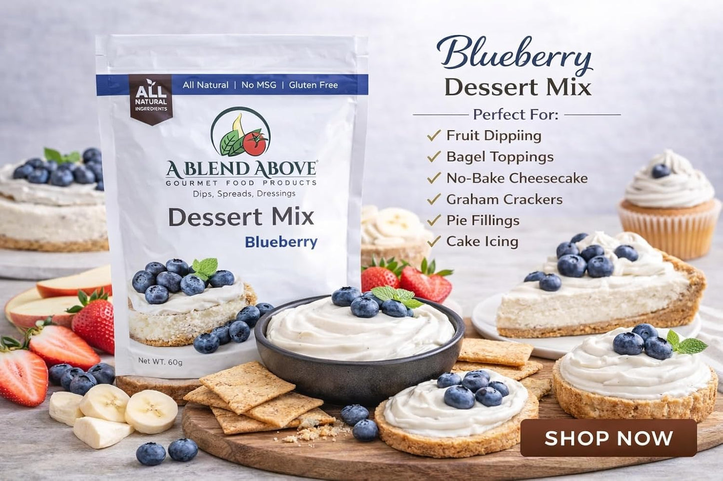 A Blend Above Blueberry Blue No Bake Dessert Mix - All Natural, Gluten Free, No MSG - Instant Dessert Mix, Fruit Dip, Bagel Topping, Frosting, Cheesecake Filling - Easy to Make - 4.2 Oz - Pack of 3