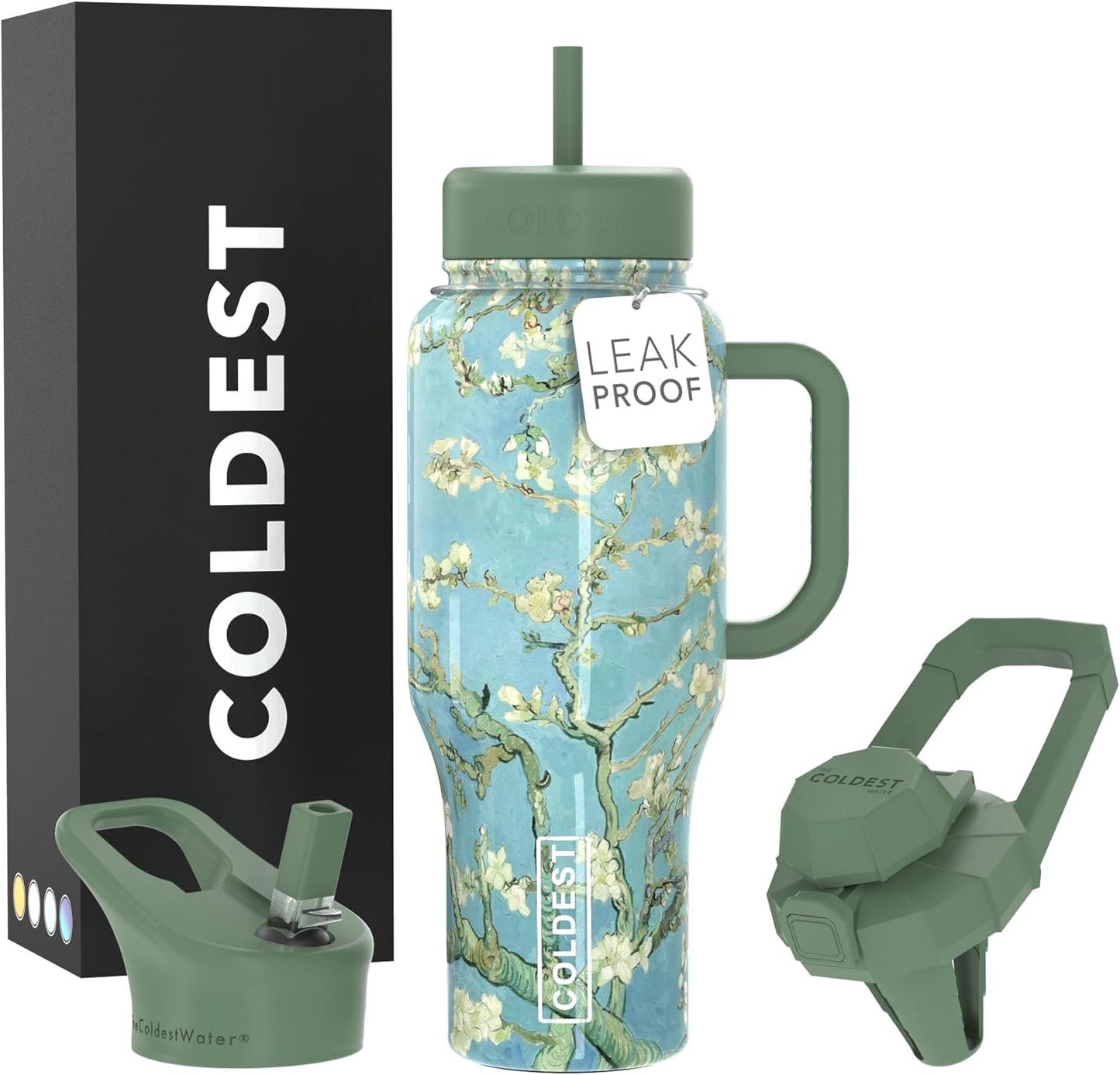 Coldest Tumbler with Handle and Straw - 100% Spill Proof Tumbler with Straw (3 Lids) - Stainless Steel Insulated Leakproof Tumblers for Women &amp; Men - 36 oz (Almond Blossom)