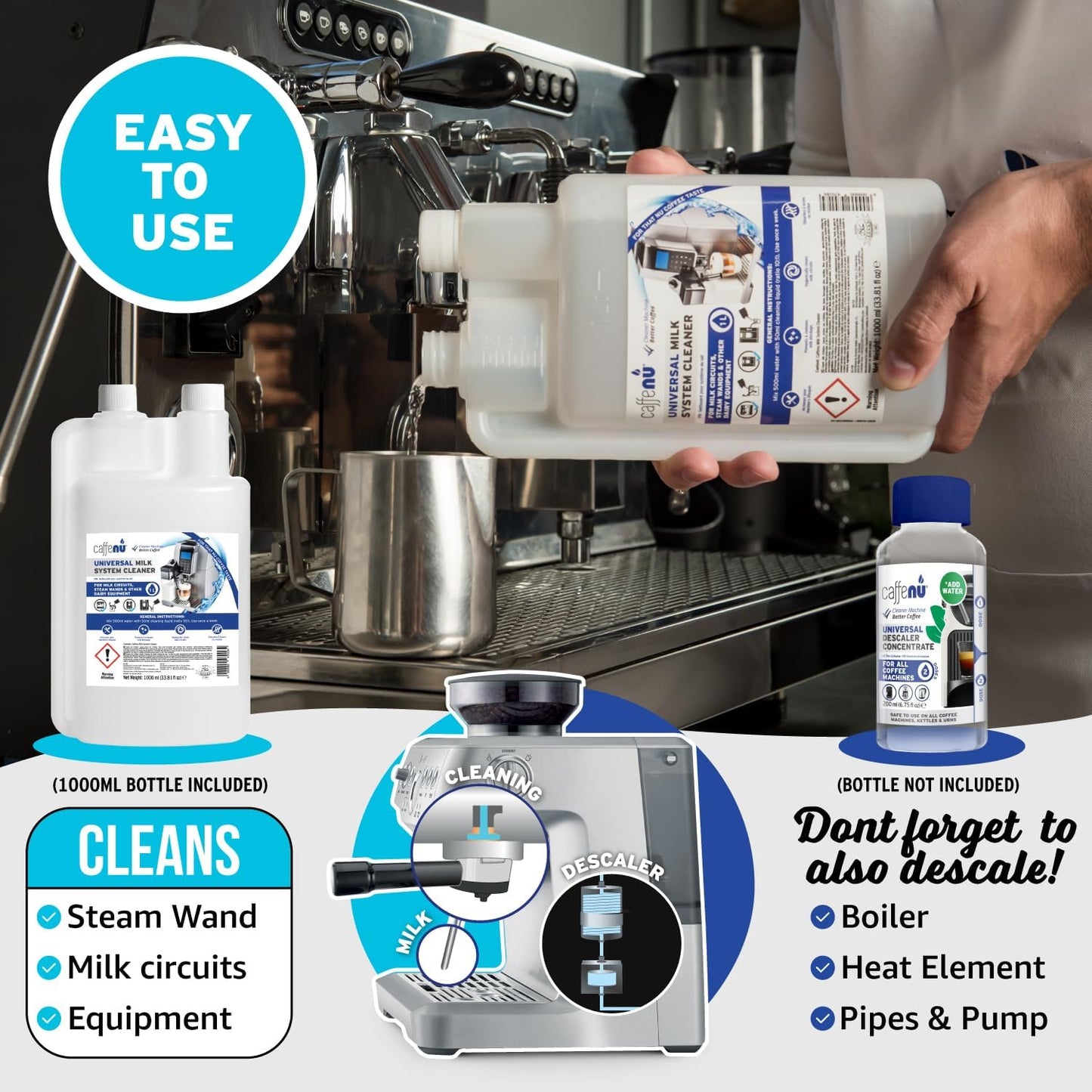 Caffenu Universal Milk System Cleaner, Use on All Machines, 33.8fl oz/1 L | (1 Liter) Professional Alkaline Liquid - Cleaner for Steam Wands, Automatic Milk Circuits - Removes Milk Blockages &amp; Odors