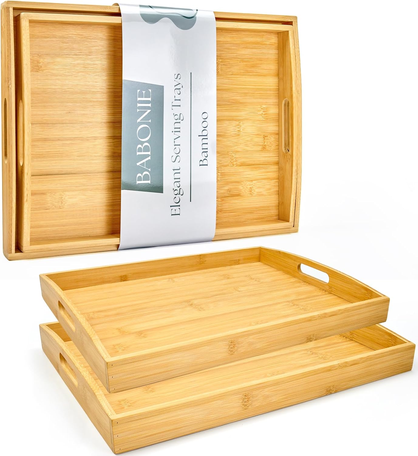 Bamboo Serving Tray Set of 2, Bamboo Trays with Handles | Decorative bamboo serving trays for serving, storage,kitchens, living rooms,bathrooms, outdoor dining 17" × 13" &amp; 16" × 12"