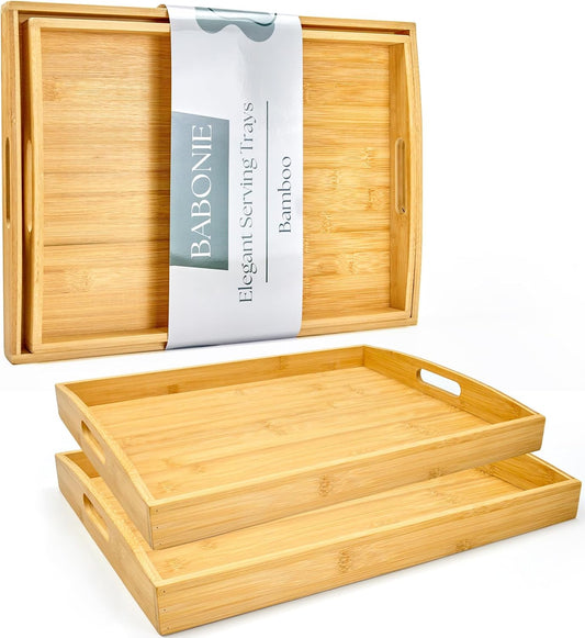 Bamboo Serving Tray Set of 2, Bamboo Trays with Handles | Decorative bamboo serving trays for serving, storage,kitchens, living rooms,bathrooms, outdoor dining 17" × 13" &amp; 16" × 12"