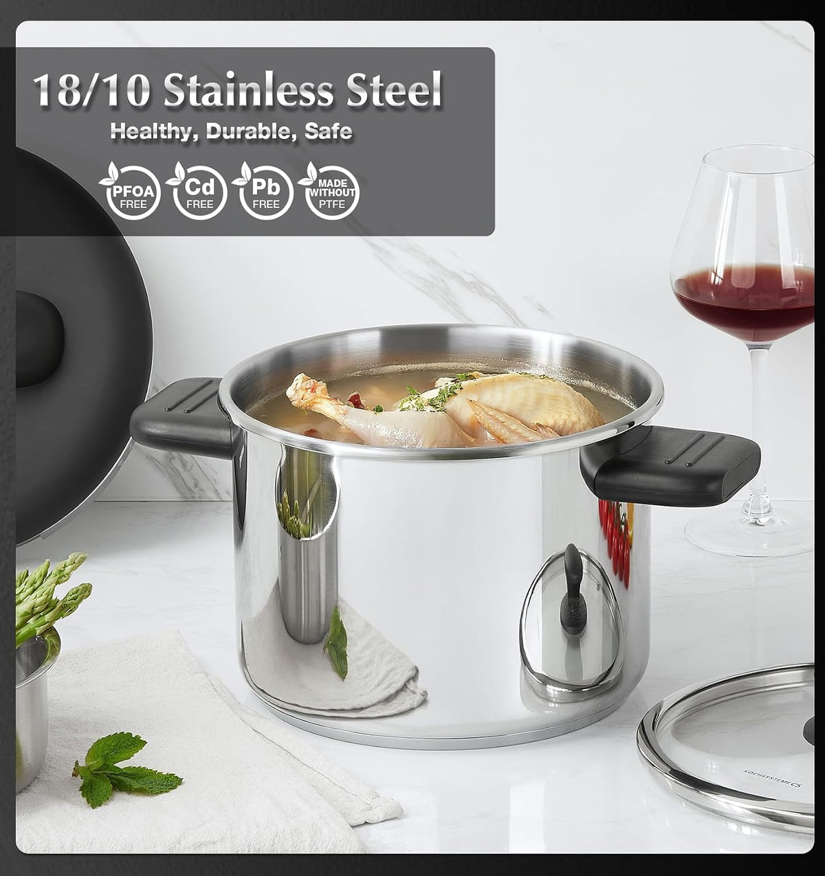 KOCH SYSTEME CS Stainless Steel Pressure Cooker 8.5 Quart, Olla de Presion, 3 PSI Settings, 18/10 Stainless Steel Pressure Cooker, One-Press Lock Pressure Cookers, Induction Ready, Glass Lid & Steamer
