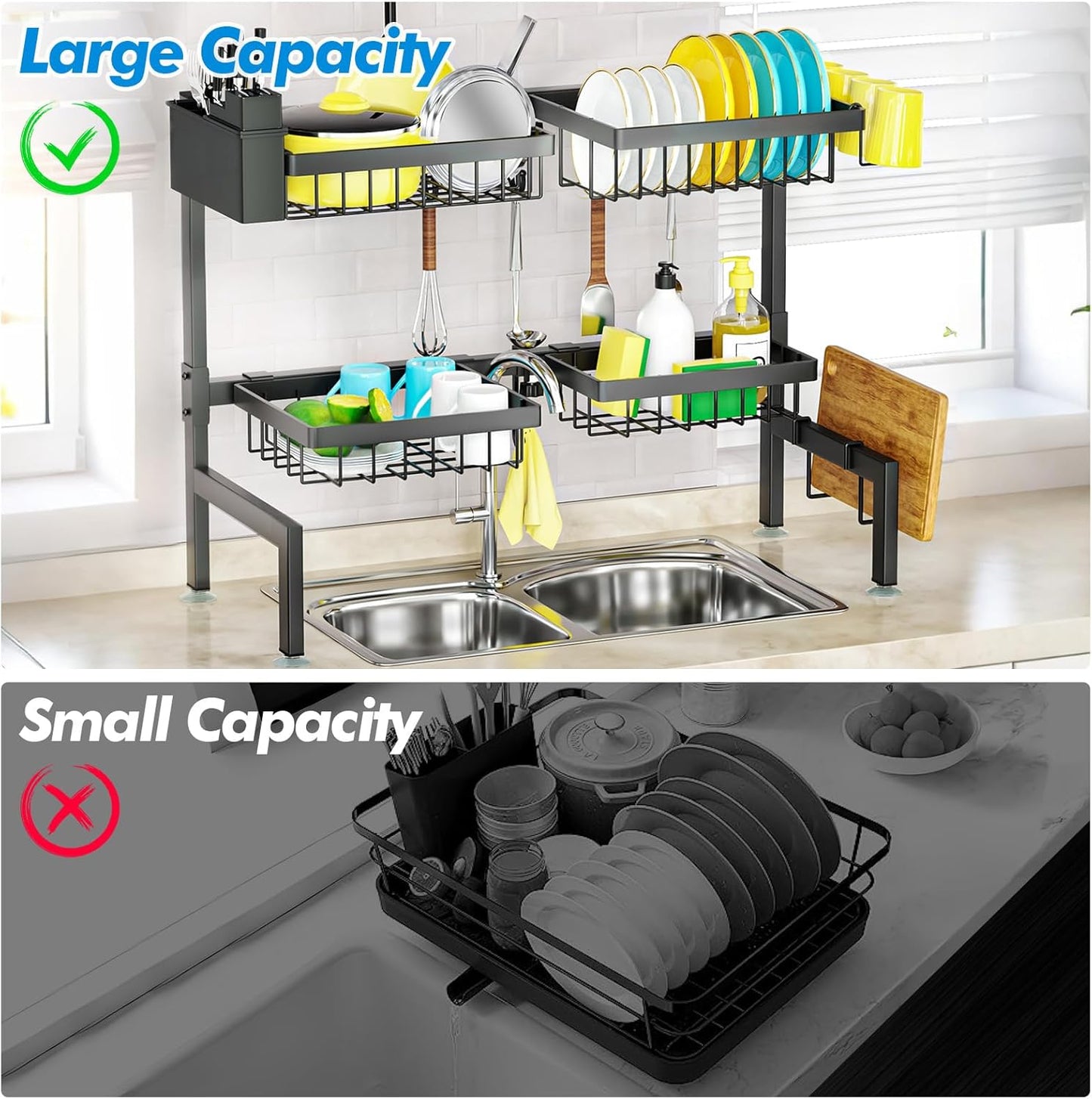 SNSLXH 4 Baskets 2-Tier Over The Sink Dish Drying Rack, 26.57"-35"