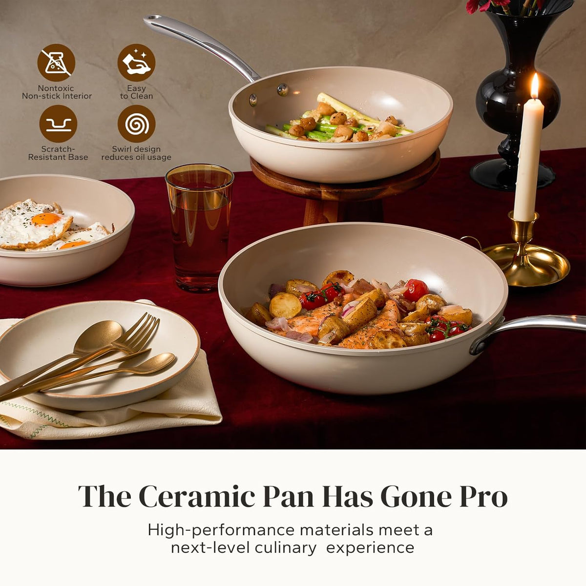Redchef Ceramic Non Stick Frying Pans, 8" Skillet, Omelette Egg Pan with Stay Cool Handle, Ceramic Chef Pan for Cooking Non Toxic, PFOA & PFAS Free, Induction Compatible, Oven & Dishwasher Safe(Beige)