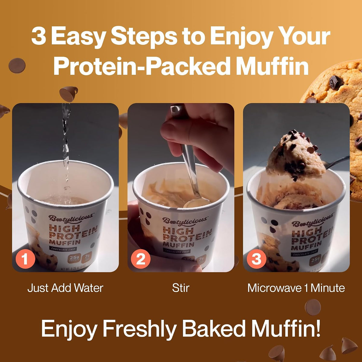 Bootylicious Protein Muffin, Chocolate Chip, 12-Pack | 25g Protein, High Fiber, 7g Net Carbs*, 200 Calories or Less