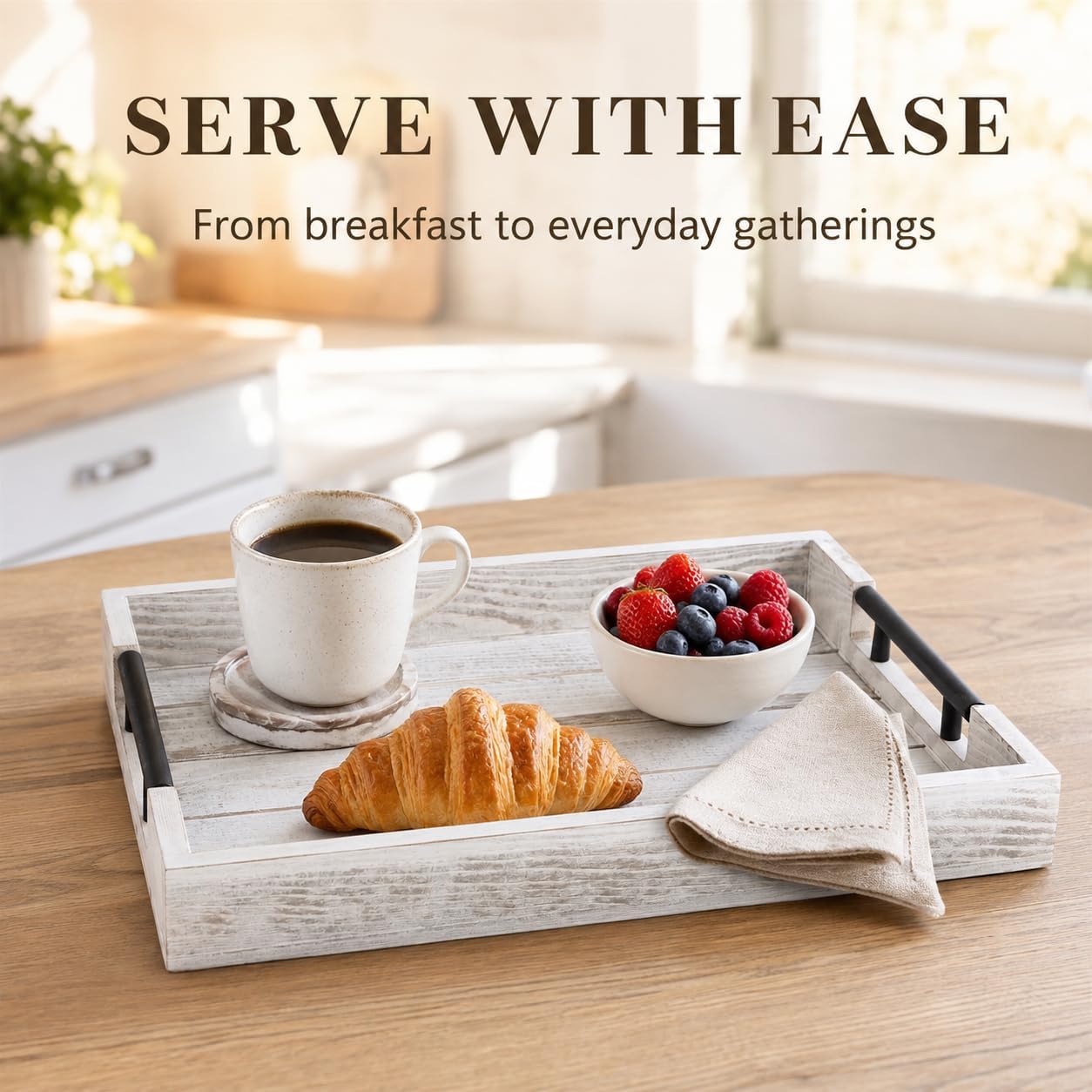 Whitewashed Wooden Serving Tray with Black Metal Handles and 4 Coasters, 16.1 x 11.8 Inch Rustic Farmhouse Ottoman Tray for Coffee Table, Living Room, Breakfast and Home Decor